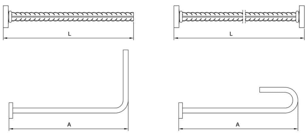 sketch for definition of product length for HRC100 series T-headed bars, including bend bars